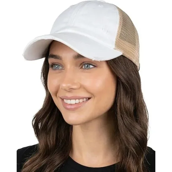 Women's White Beige Mesh Washed Adjustable Fit Classic Comfortable Baseball Cap - Picture 1 of 2